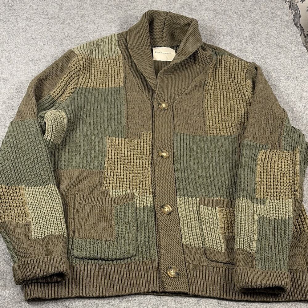 Lucky Brand patchwork cotton/linen blend Cardigan Sweater 2XL Grandpa chic